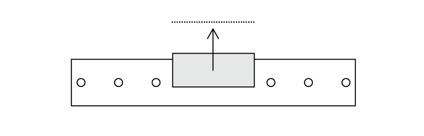 Side view of the air track drawn as a long horizontal rectangle with six small circles along it representing the air holes. A grey rectangle representing the glider sits on top of the track, above the middle two holes. A single arrow points vertically upwards from the centre of the glider to a blank dotted label line.