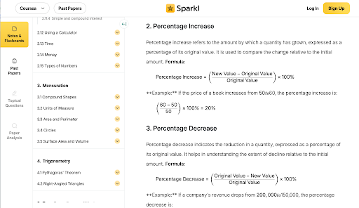 Sparkl Cambridge IGCSE Maths revision notes explaining percentage increase and decrease, with the Topical Questions option unavailable.