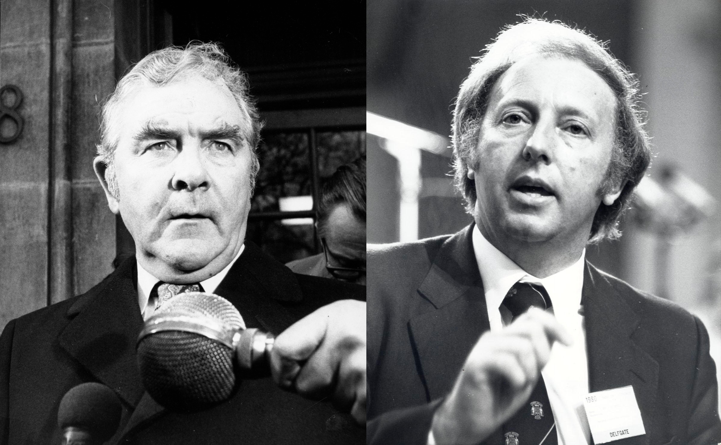 Black-and-white composite portraits of NUM leaders Joe Gormley, left, speaking into a microphone, and Arthur Scargill, right, gesturing while addressing an audience.