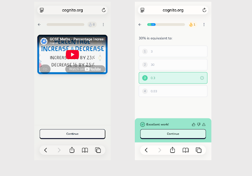Two Cognito Maths screenshots showing a percentage increase and decrease video lesson and an interactive percentage question marked correct.