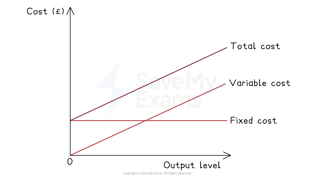 Cost–output graph with horizontal fixed cost line, rising variable cost from origin, and steeper total cost line starting at fixed cost intercept.