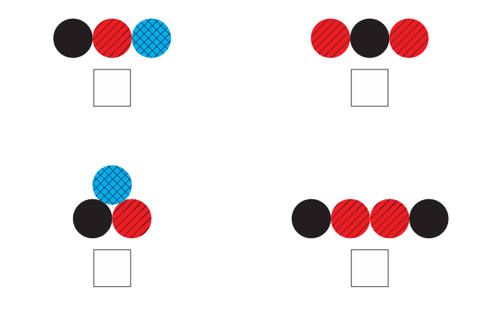 Four labelled molecule diagrams, each with an empty tick-box beneath it. Diagram 1: three circles in a row, coloured black-red-blue (three different elements). Diagram 2: three circles in a straight line, coloured red-black-red (a linear triatomic molecule with a central atom flanked by two identical atoms). Diagram 3: three circles arranged in a bent, triangular shape — one circle above two others. Diagram 4: four circles in a row, coloured black-red-red-black