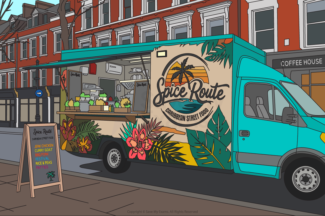 A colourful Caribbean food van parked on a London street with a pavement sign