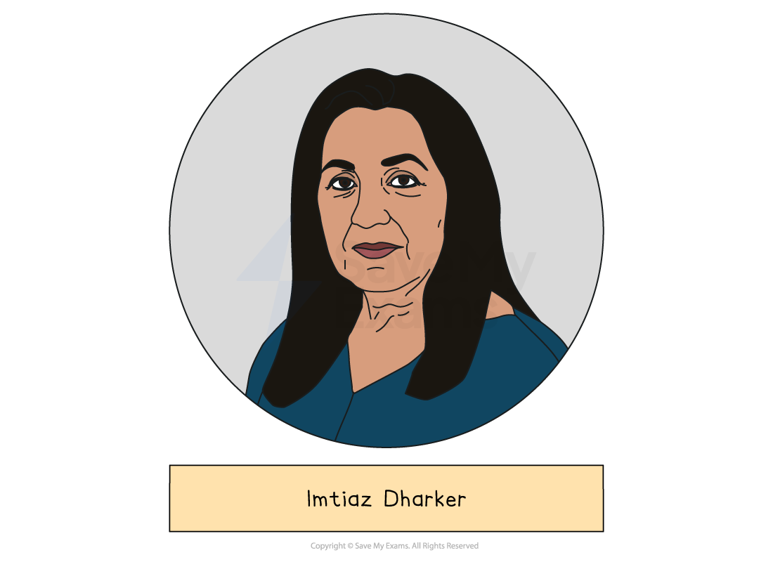 Illustrated head-and-shoulders portrait of Imtiaz Dharker, whose poems 'Tissue' and 'A Century Later' are set by AQA, drawn in a grey circle above a label giving the name.