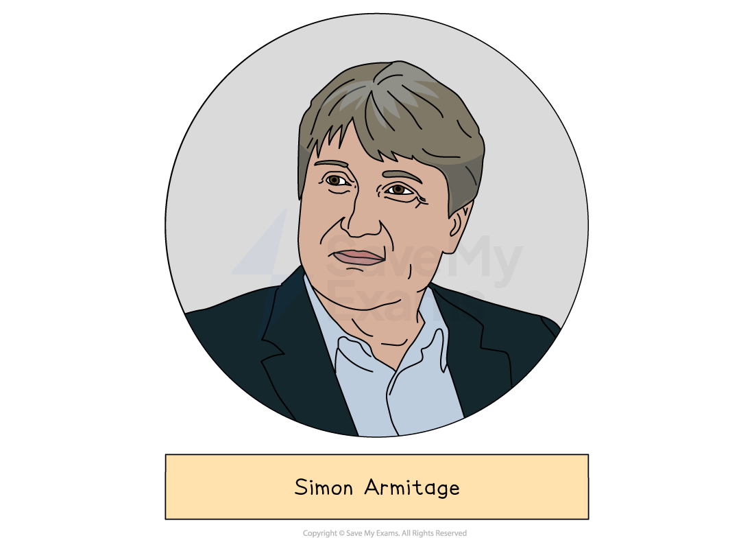 Illustrated head-and-shoulders portrait of Simon Armitage, whose poems 'Remains' and 'Mother, Any Distance' are set by AQA, drawn in a grey circle above a label giving the name.