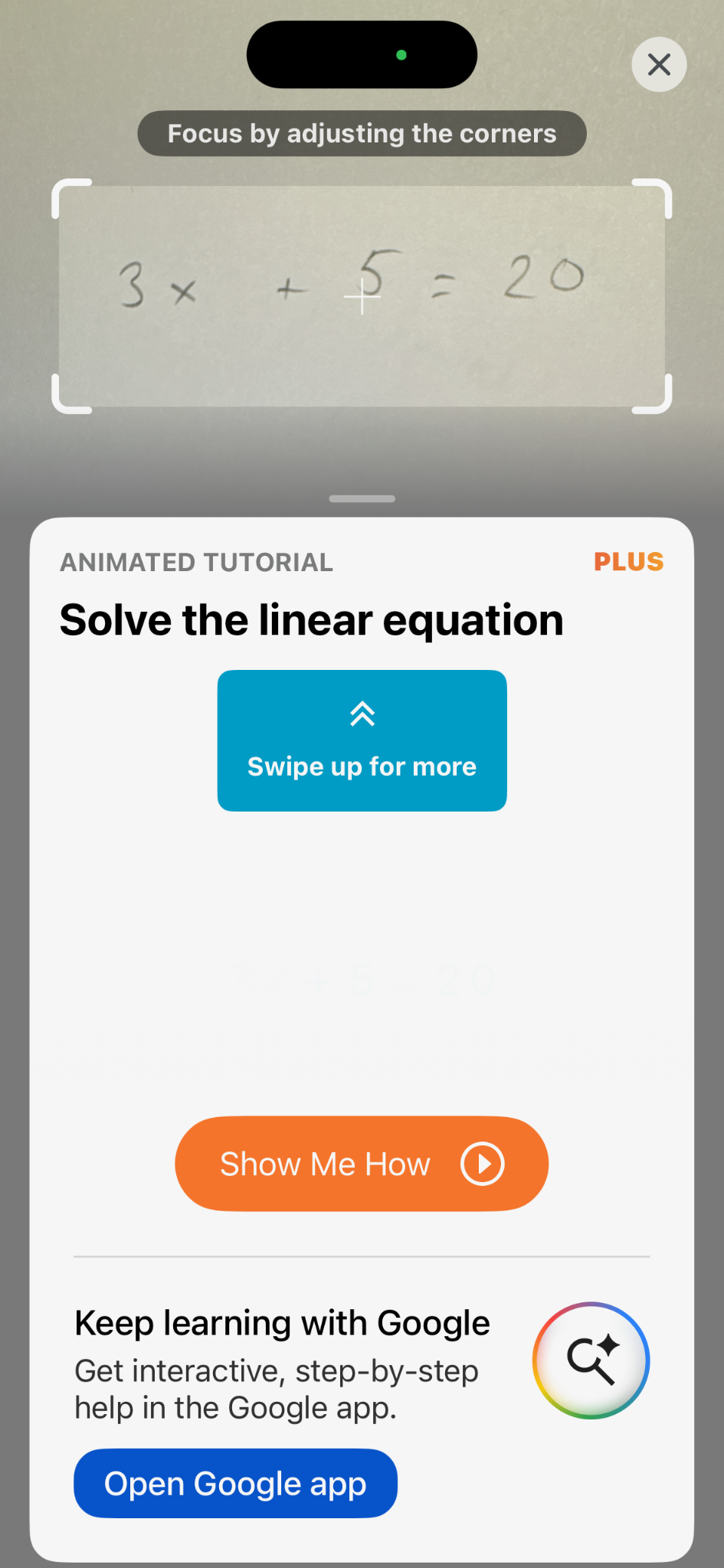 Photomath scanning the handwritten equation 3x + 5 = 20 and offering an animated tutorial to solve it.
