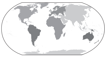 Figure: World map showing the modern arrangement of the continents, with South America, Africa and Australia shaded in a darker tone