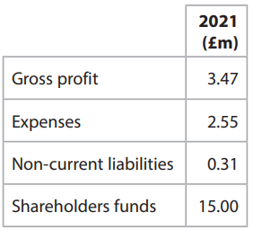 Table of Vidsy’s selected financial information for 2021, in £ millions: gross profit 3.47, expenses 2.55, non-current liabilities 0.31 and shareholders’ funds 15.00.