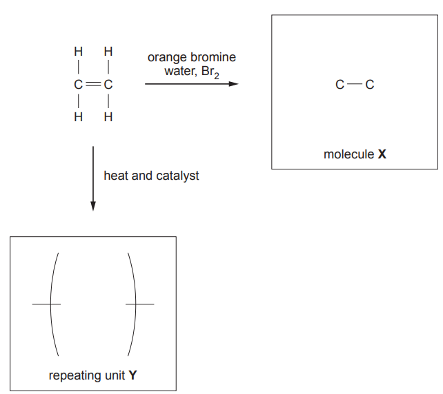 Figure: Displayed structural formula of ethene (C=C double bond, each carbon bonded to two H atoms) with two reaction arrows leading from it: one labelled "orange bromine water, Br2" leading to a blank box labelled "molecule X" (showing a partial C-C single bond skeleton to be completed); another labelled "heat and catalyst" leading to a blank box labelled "repeating unit Y" (showing partial bracket ends with two dashes for bonds extending outward, to be completed)