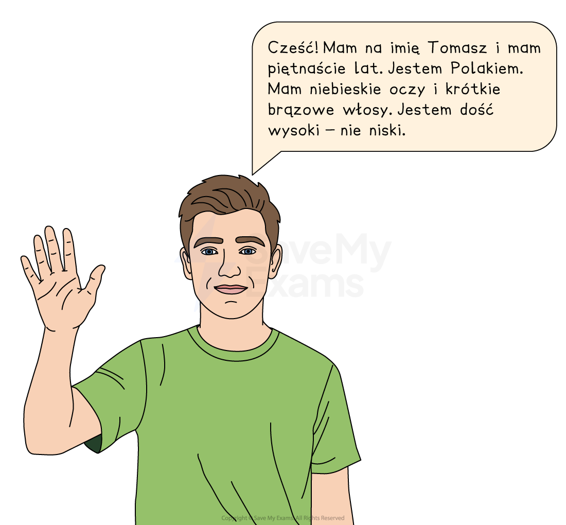 Illustration of Tomasz waving in a green T-shirt. Speech bubble reads: “Cześć! Mam na imię Tomasz i mam piętnaście lat. Jestem Polakiem. Mam niebieskie oczy i krótkie brązowe włosy. Jestem dość wysoki – nie niski.”