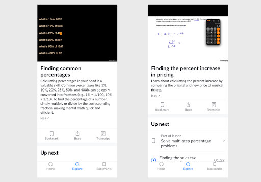 Two Khan Academy percentage lessons showing common percentage calculations and a worked percentage increase example using an on-screen calculator.