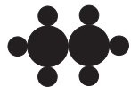 Figure: Ball-and-stick diagram of a six-atom molecule — two large black spheres bonded together, each also bonded to two smaller black spheres