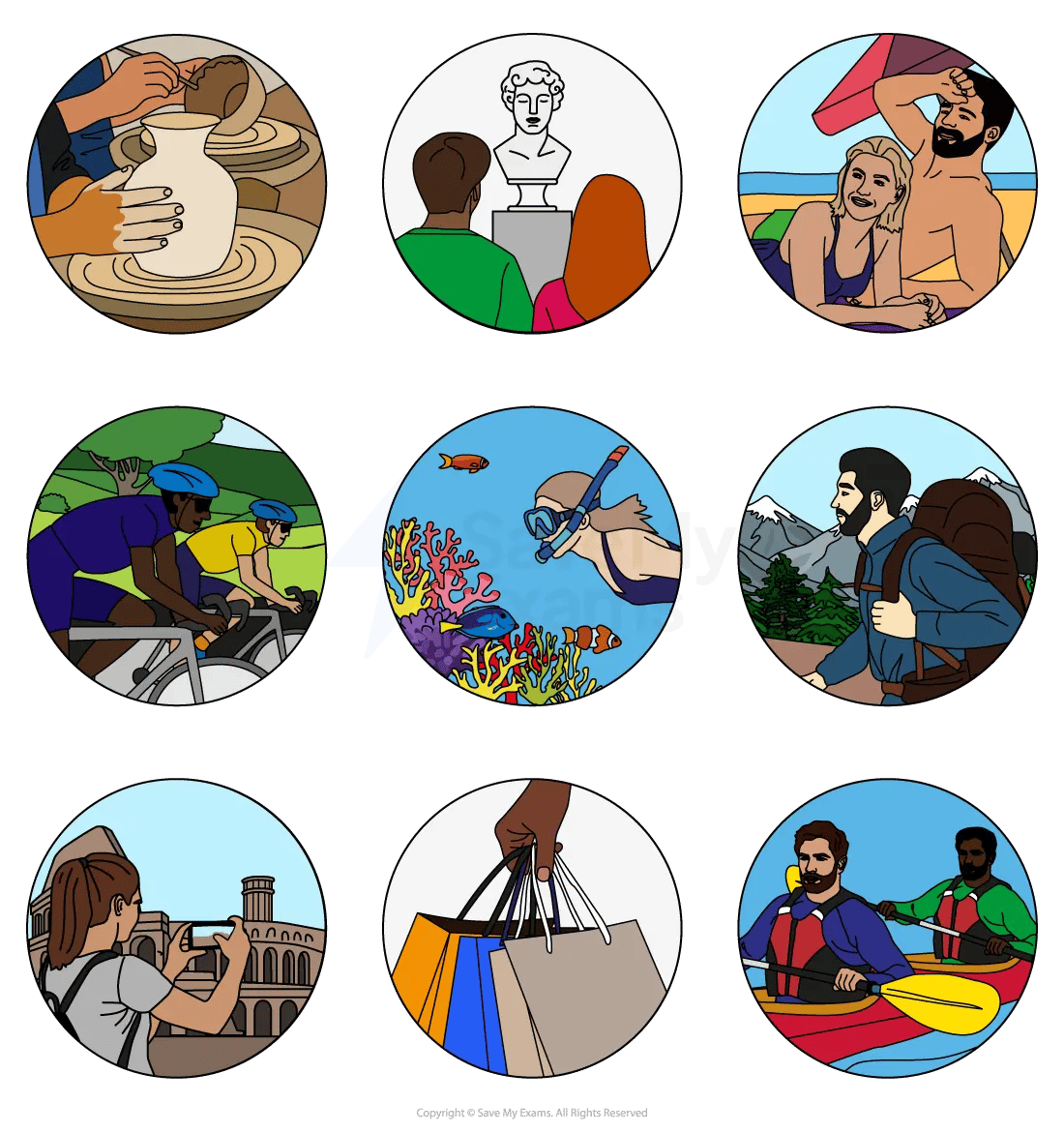 Nine circular holiday scenes show pottery-making, visiting a museum, relaxing on a beach, cycling, snorkelling, hiking in the mountains, taking sightseeing photos, shopping and kayaking.