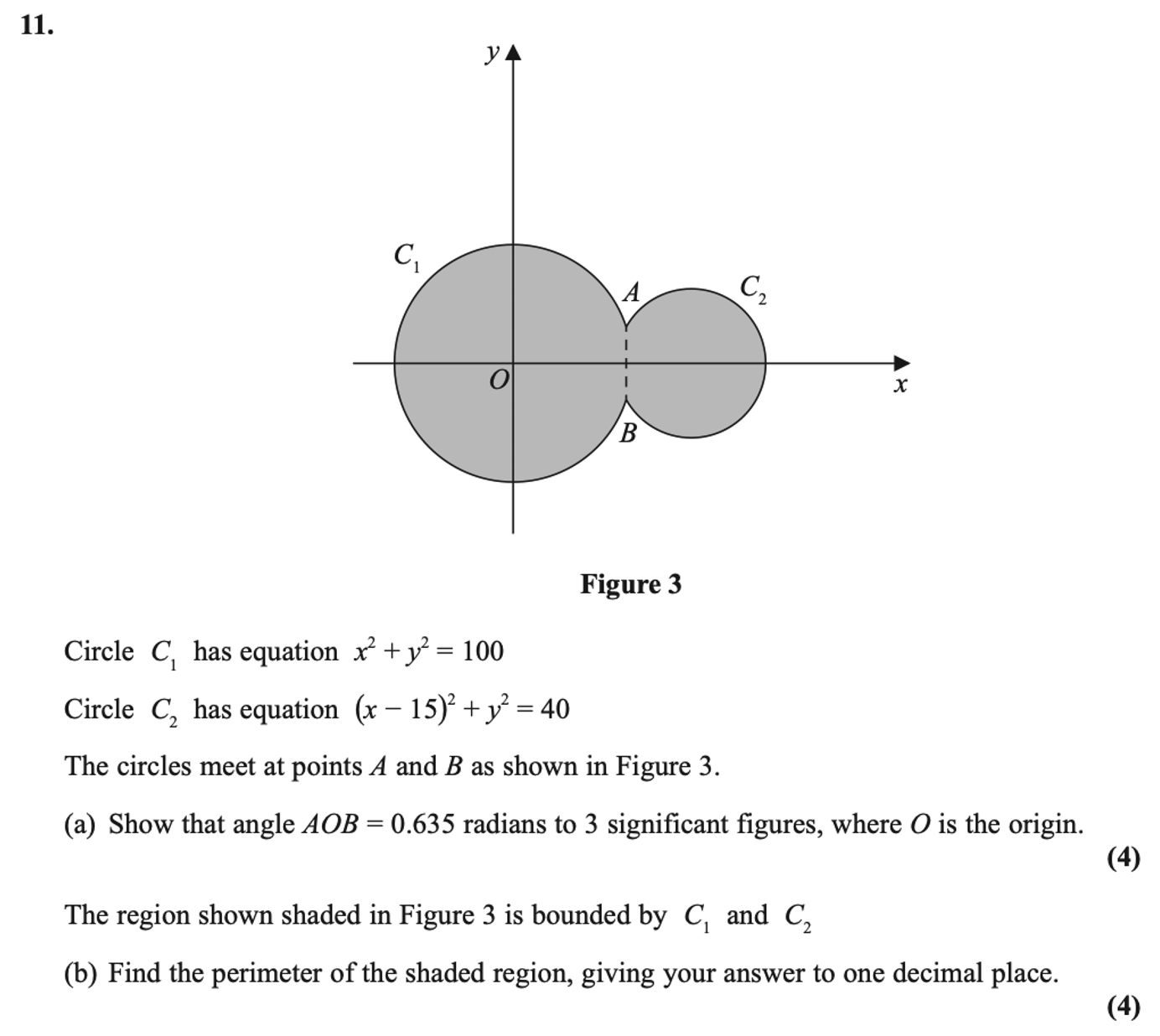 Question 11: shaded intersecting circles C1 and C2 meet at A and B. Their equations are x squared plus y squared equals 100 and (x minus 15) squared plus y squared equals 40; show angle AOB is 0.635 radians, then find the perimeter.
