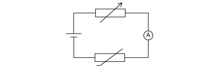 Circuit diagram of a single loop containing a cell on the left, a variable resistor along the top, an ammeter labelled A on the right and a thermistor along the bottom