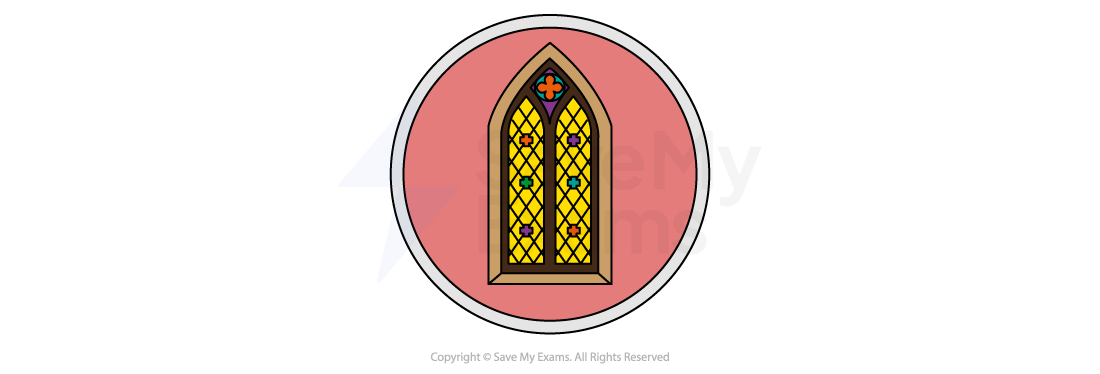 Gothic genre icon: a tall Gothic arched window in a red circle, marking the section on the conventions of Gothic writing.
