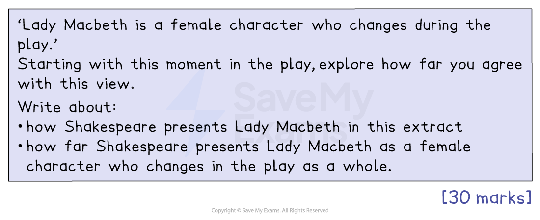 Essay prompt asks to explore Lady Macbeth's character development in the play, discussing Shakespeare's presentation and her changes. [30 marks].