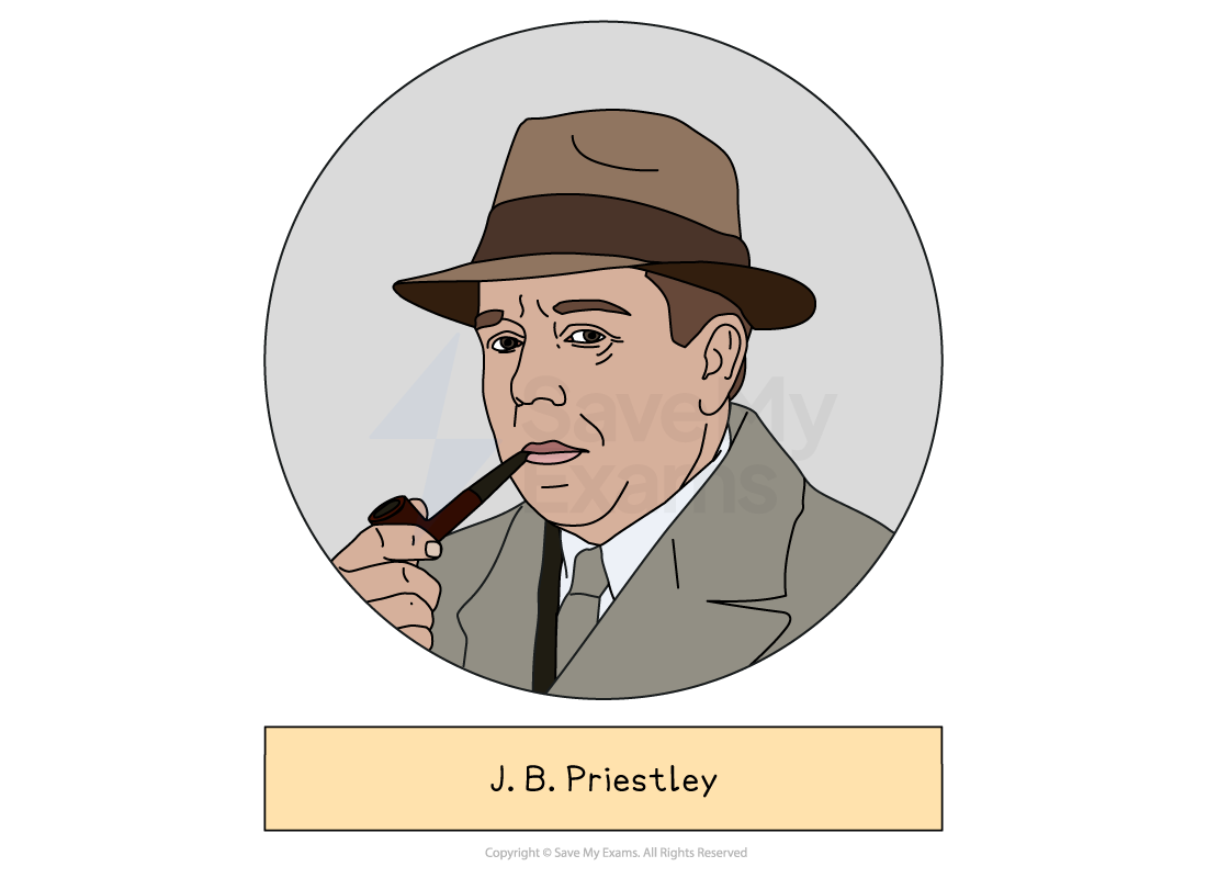 Illustrated head-and-shoulders portrait of J B Priestley, who wrote An Inspector Calls, drawn in a grey circle above a label giving the name.