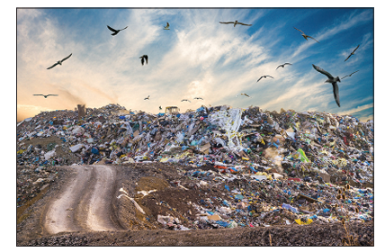 Photograph of a large landfill site piled high with mixed rubbish, including extensive plastic waste. Birds fly above the waste and a muddy track runs through the foreground.