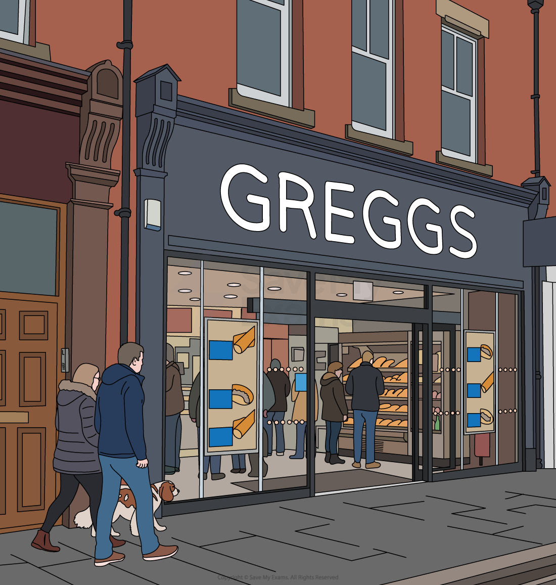 Customers standing at the counter inside a brightly lit Greggs bakery shop, with shelves of pastries and sandwiches and blue price posters at the entrance.