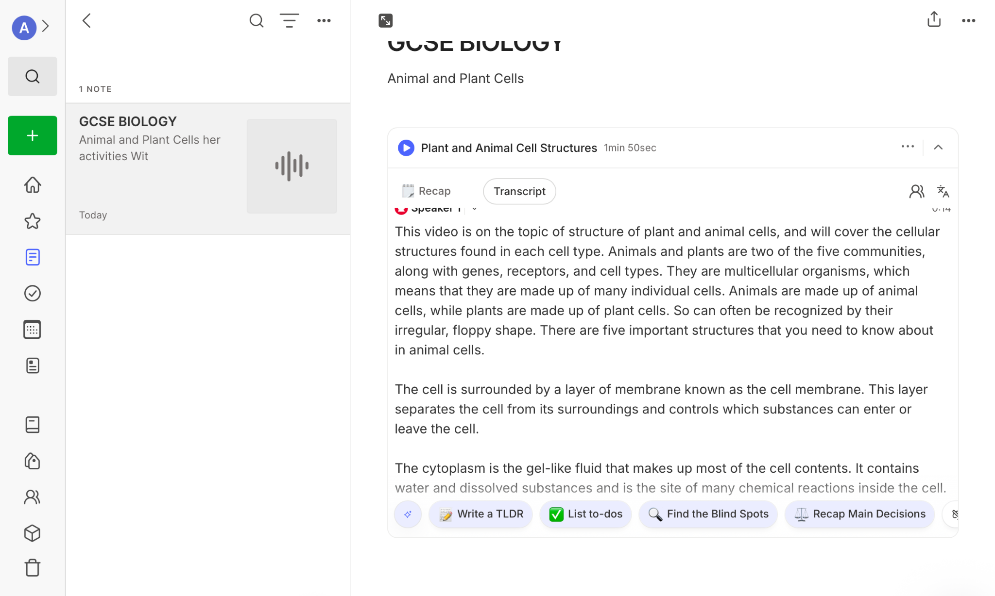 Note-taking app screen showing a GCSE Biology note titled “Animal and Plant Cells”, a 1-minute 50-second recording called “Plant and Animal Cell Structures”, and its transcript explaining cell structures, with AI recap options.
