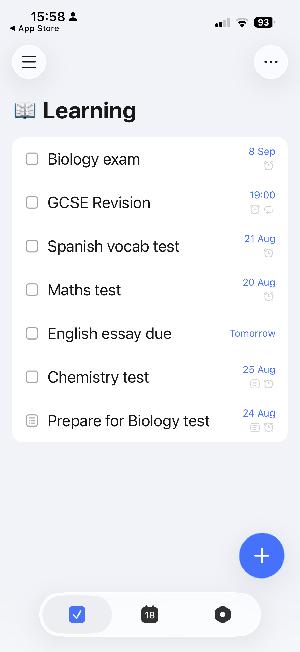 Todoist’s Learning list shows seven unchecked tasks: Biology exam (8 Sep), GCSE Revision (19:00, recurring), Spanish vocab test (21 Aug), Maths test (20 Aug), English essay due (tomorrow), Chemistry test (25 Aug), and Prepare for Biology test (24 Aug).