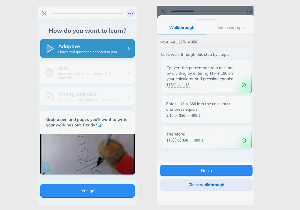 Two Seneca GCSE Maths screenshots showing the Adaptive learning option and a step-by-step walkthrough for a percentage calculation.