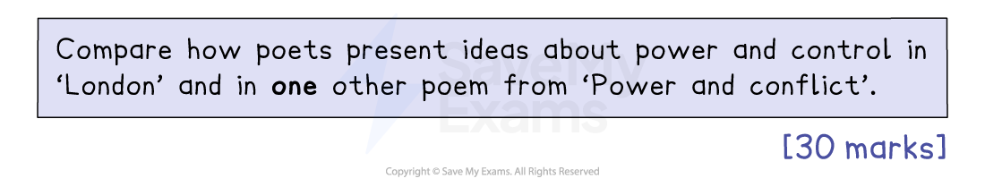 Compare how poets present power and control in 'London' and one other poem from 'Power and Conflict'. [30 marks].
