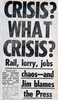 Newspaper front page with bold headline “Crisis? What Crisis?” above subheading about rail, lorry and job chaos, saying “Jim blames the Press”.