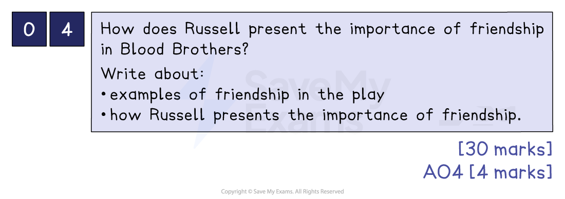 Exam question on "Blood Brothers" asking how Russell shows friendship's importance, with a focus on examples and presentation. Marks: 30; AO4: 4.
