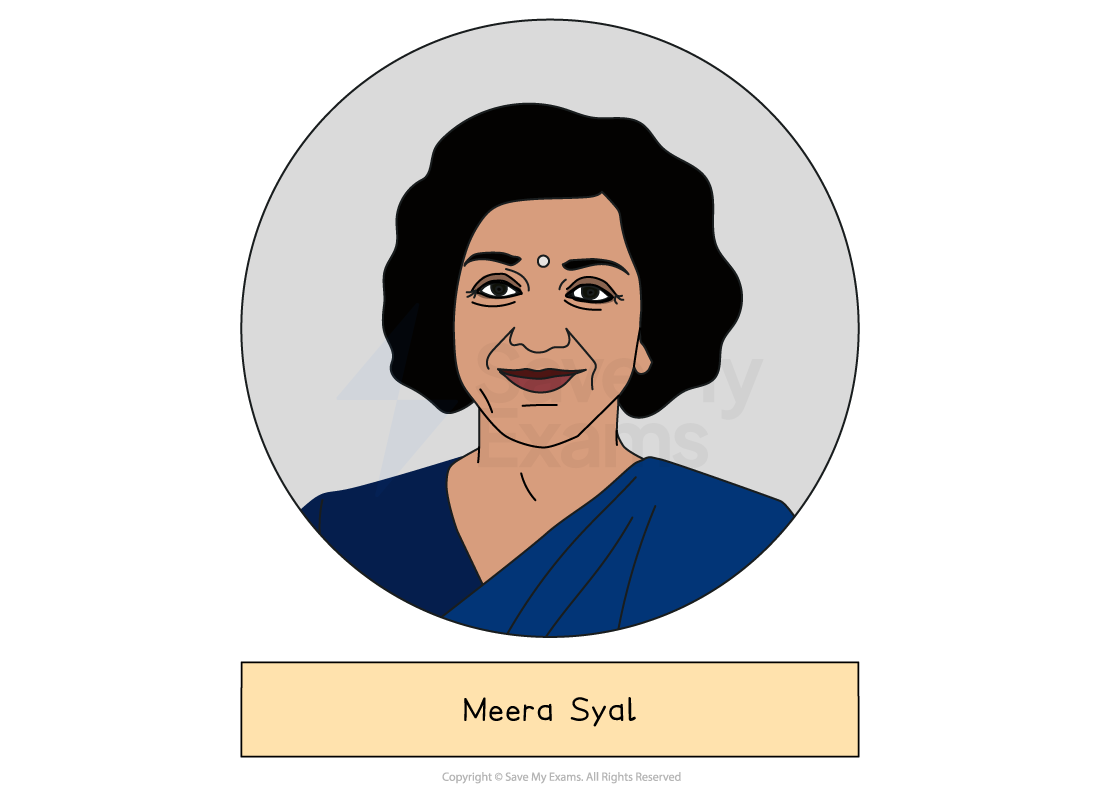 Illustrated head-and-shoulders portrait of Meera Syal, who wrote Anita and Me, drawn in a grey circle above a label giving the name.