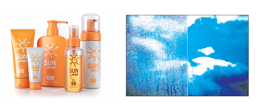 Photographs show a range of sunscreen products labelled SPF 30, 50, 80 and 100, alongside a window with a wet, dirty side and a clear side showing blue sky and clouds.