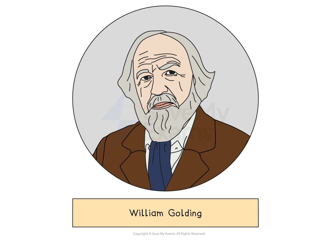Illustrated head-and-shoulders portrait of William Golding, who wrote Lord of the Flies, drawn in a grey circle above a label giving the name.