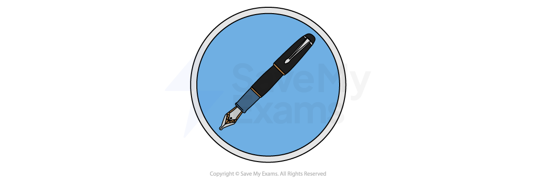 Language and devices icon: a fountain pen in a blue circle, marking the section on word choice and literary technique at sentence level.
