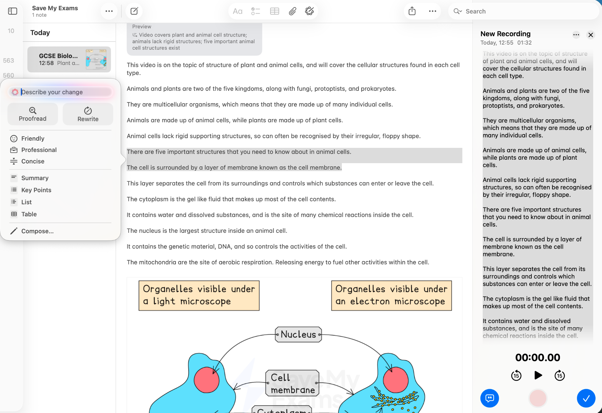OneNote shows dictated notes on animal and plant cells alongside a “New Recording” panel with the live transcript and a 1:32 recording; a labelled cell diagram and AI editing options are also visible.