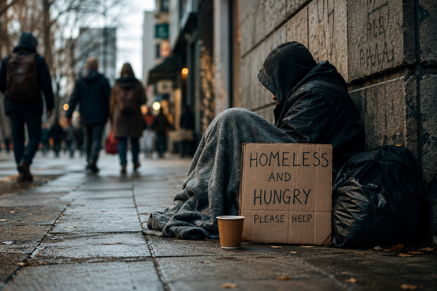 Photograph of a homeless person sitting under a blanket beside a city pavement, with a cup and cardboard sign reading “HOMELESS AND HUNGRY PLEASE HELP”; blurred pedestrians pass in the background.