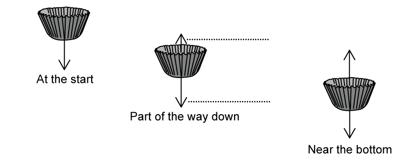 Three diagrams of a falling cupcake case with force arrows. On the left, labelled at the start, a single arrow points downwards from the case. In the middle, labelled part of the way down, a short arrow points upwards from the top of the case and a longer arrow points downwards from the bottom of the case. On the right, labelled near the bottom, an upward arrow and a downward arrow of equal length point away from the case