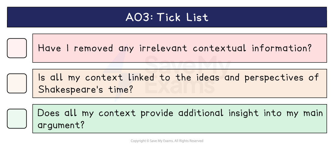 AO3 tick list with three checkboxes on cutting irrelevant context and tying it to Shakespeare's time and to the main argument.