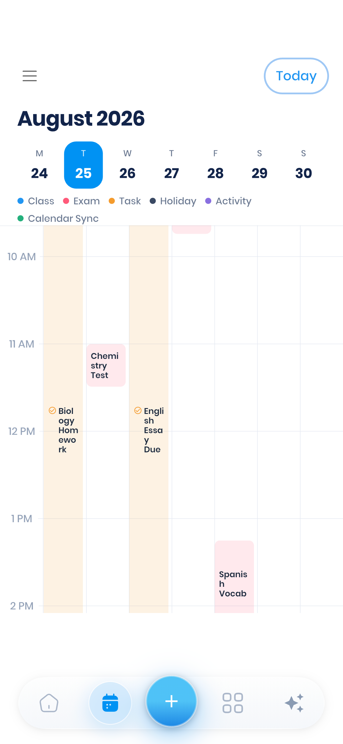 Student calendar for 24–30 August 2026, with Tuesday 25 selected. Events shown are Biology Homework on Monday, Chemistry Test on Tuesday, English Essay Due on Wednesday and Spanish Vocab on Friday, between 11 am and 2 pm.