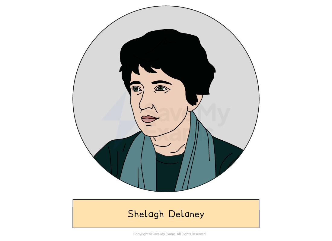 Illustrated head-and-shoulders portrait of Shelagh Delaney, who wrote A Taste of Honey, drawn in a grey circle above a label giving the name.