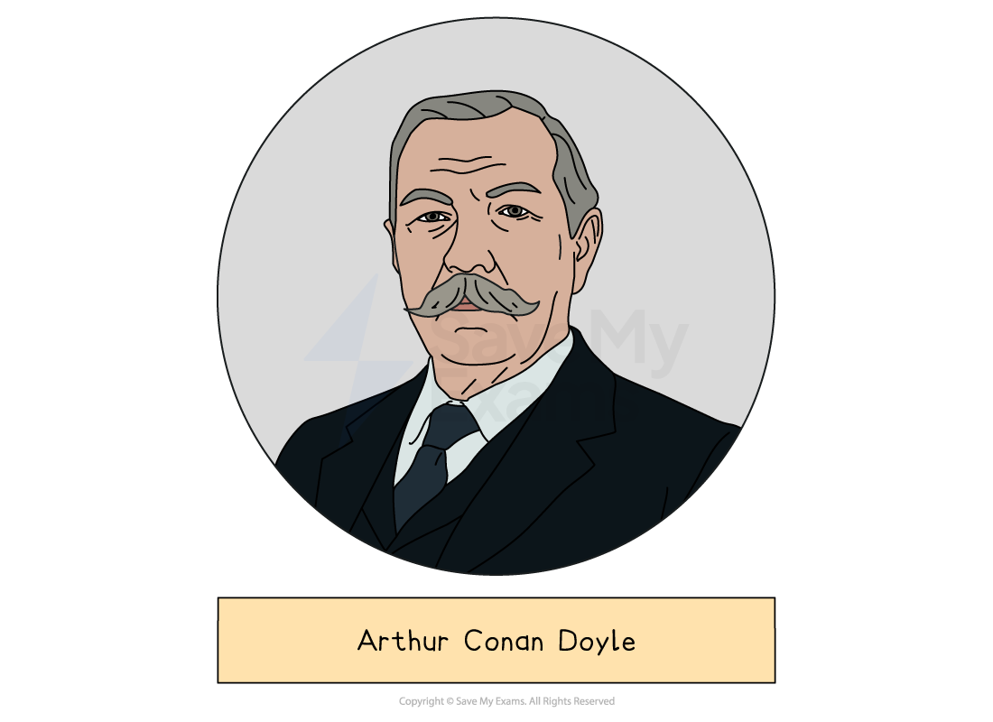 Illustrated head-and-shoulders portrait of Arthur Conan Doyle, who wrote The Sign of the Four, drawn in a grey circle above a label giving the name.