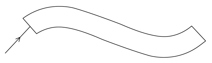 A long S-shaped optical fibre drawn as a narrow curved band running from upper left to lower right. A single arrowed ray of light travels up and to the right from the lower left and meets the flat left-hand end of the fibre. No path is drawn inside the fibre