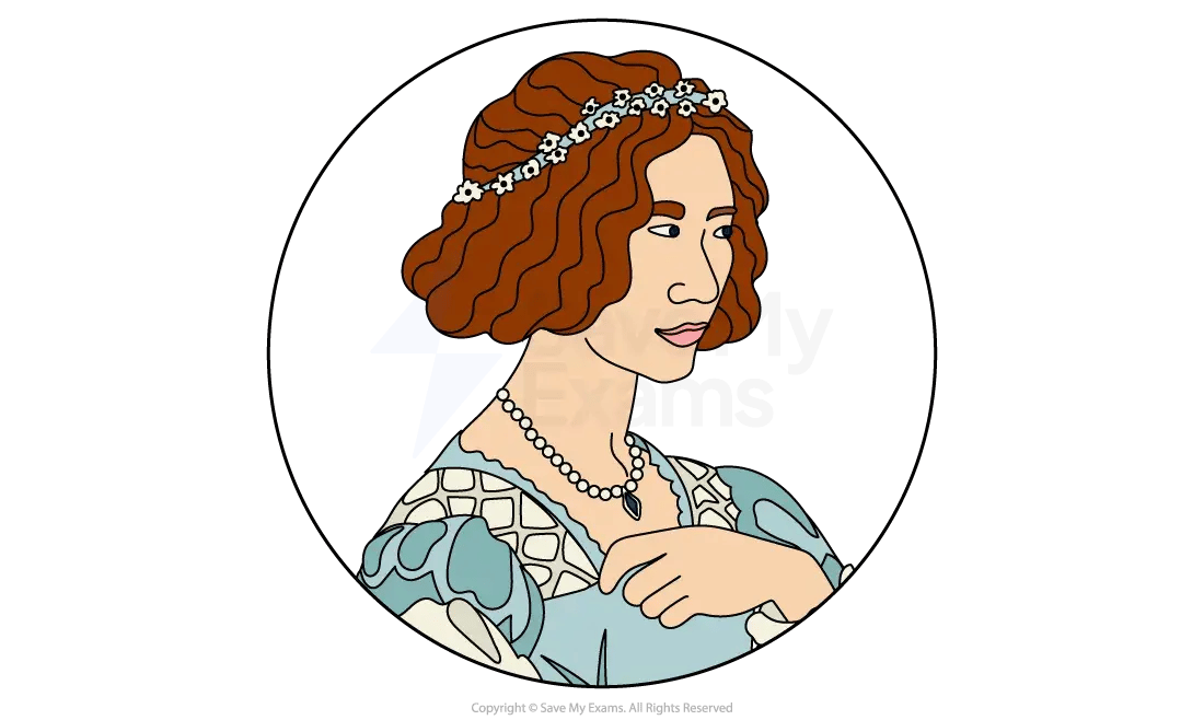 Illustrated portrait of a woman with wavy brown hair, a flower headband, wearing a blue Renaissance-style dress and a pearl necklace with a pendant, inside a circular frame.