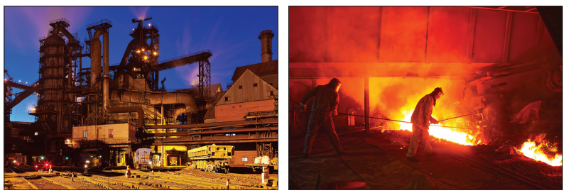 Two photographs illustrate iron extraction: an industrial blast furnace at night, and workers in protective clothing tending a stream of glowing molten iron inside a furnace.