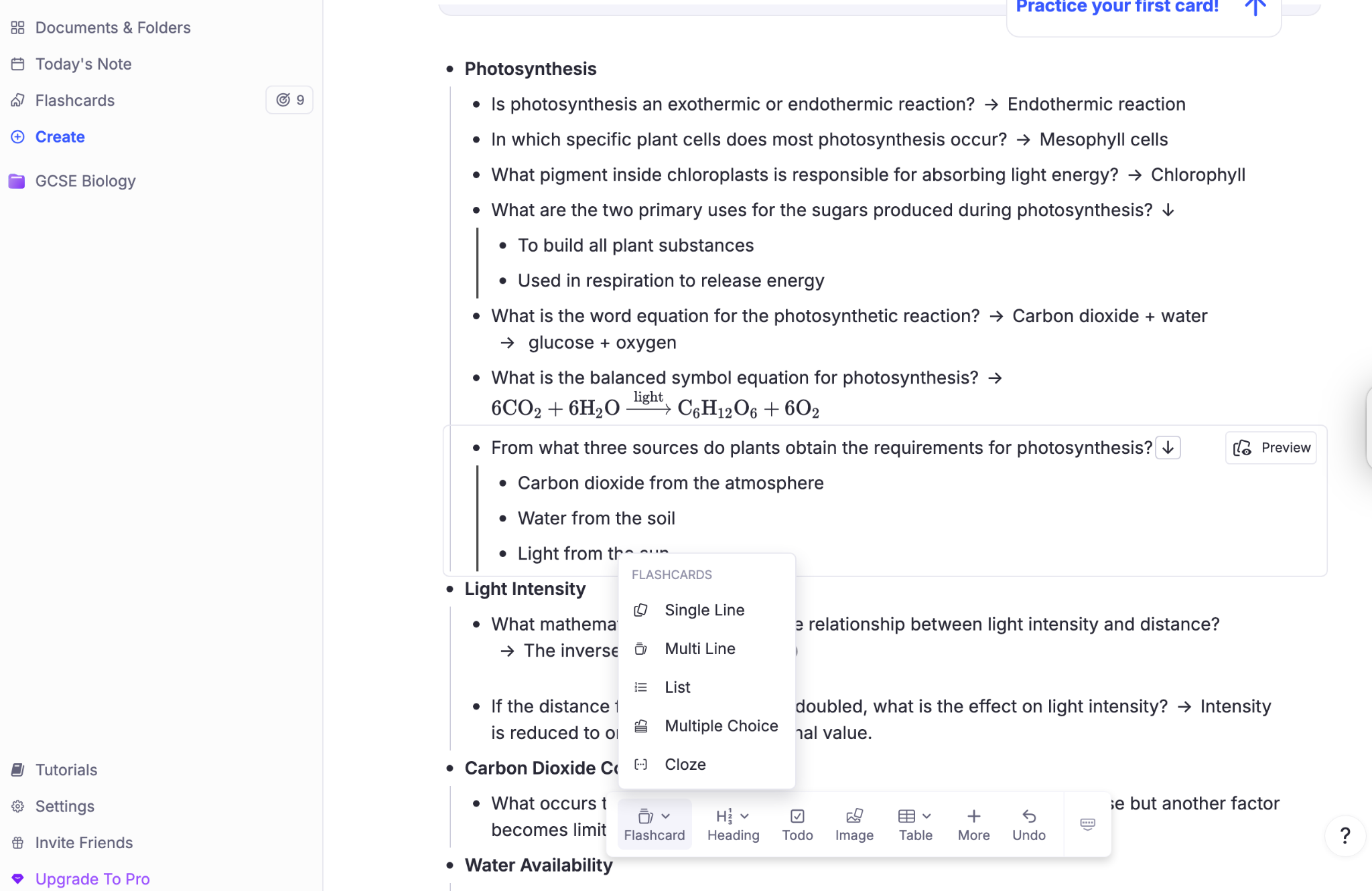RemNote GCSE Biology page showing photosynthesis questions and answers, including the word and symbol equations, requirements and light intensity. A flashcard menu offers Single Line, Multi Line, List, Multiple Choice and Cloze.