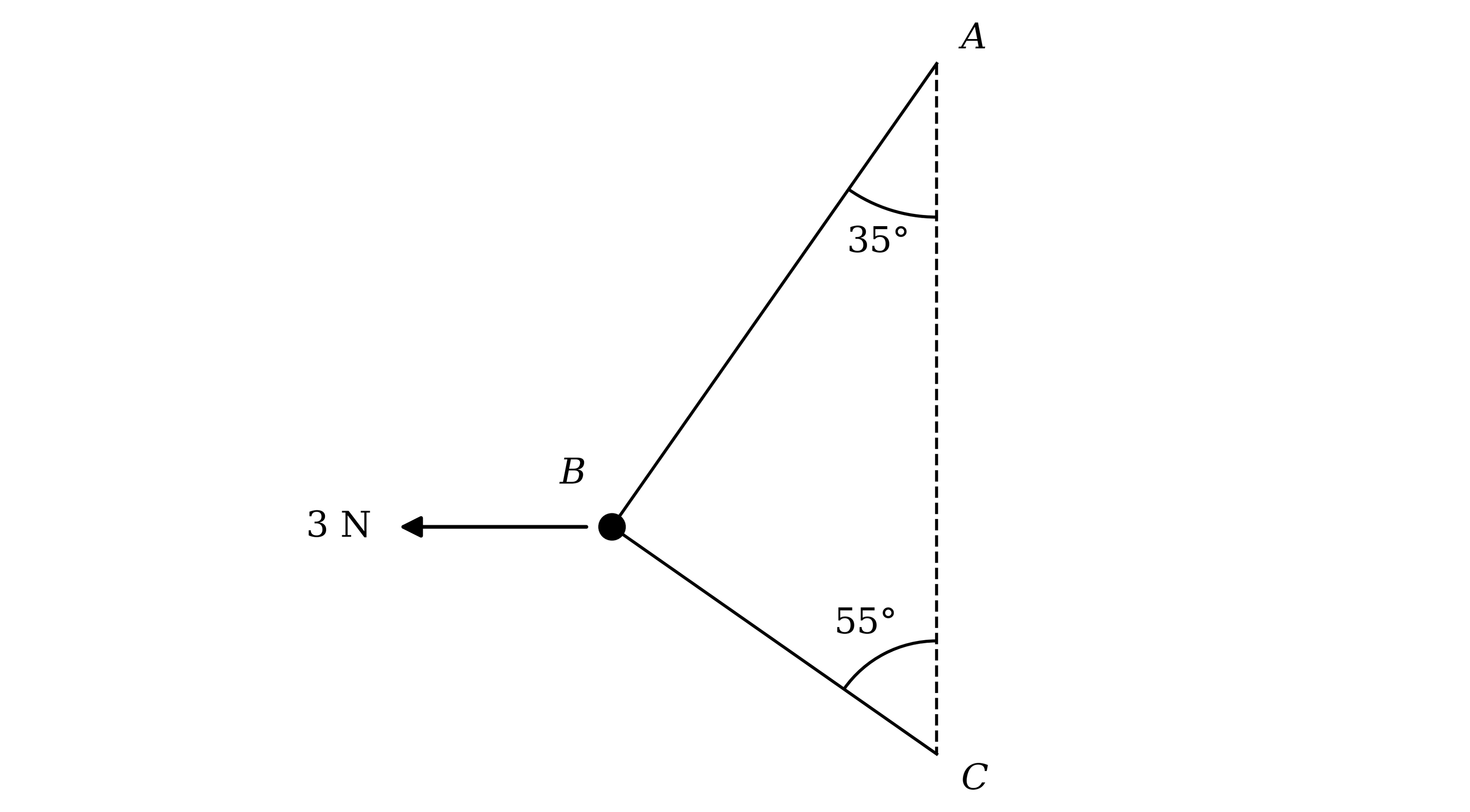 A ring B on a string whose ends are attached to point A and point C, with A vertically above C on a dashed vertical line. The part AB makes an angle of 35° with the vertical and the part BC makes an angle of 55° with the vertical. A horizontal force of 3 N acts on B, away from the line AC