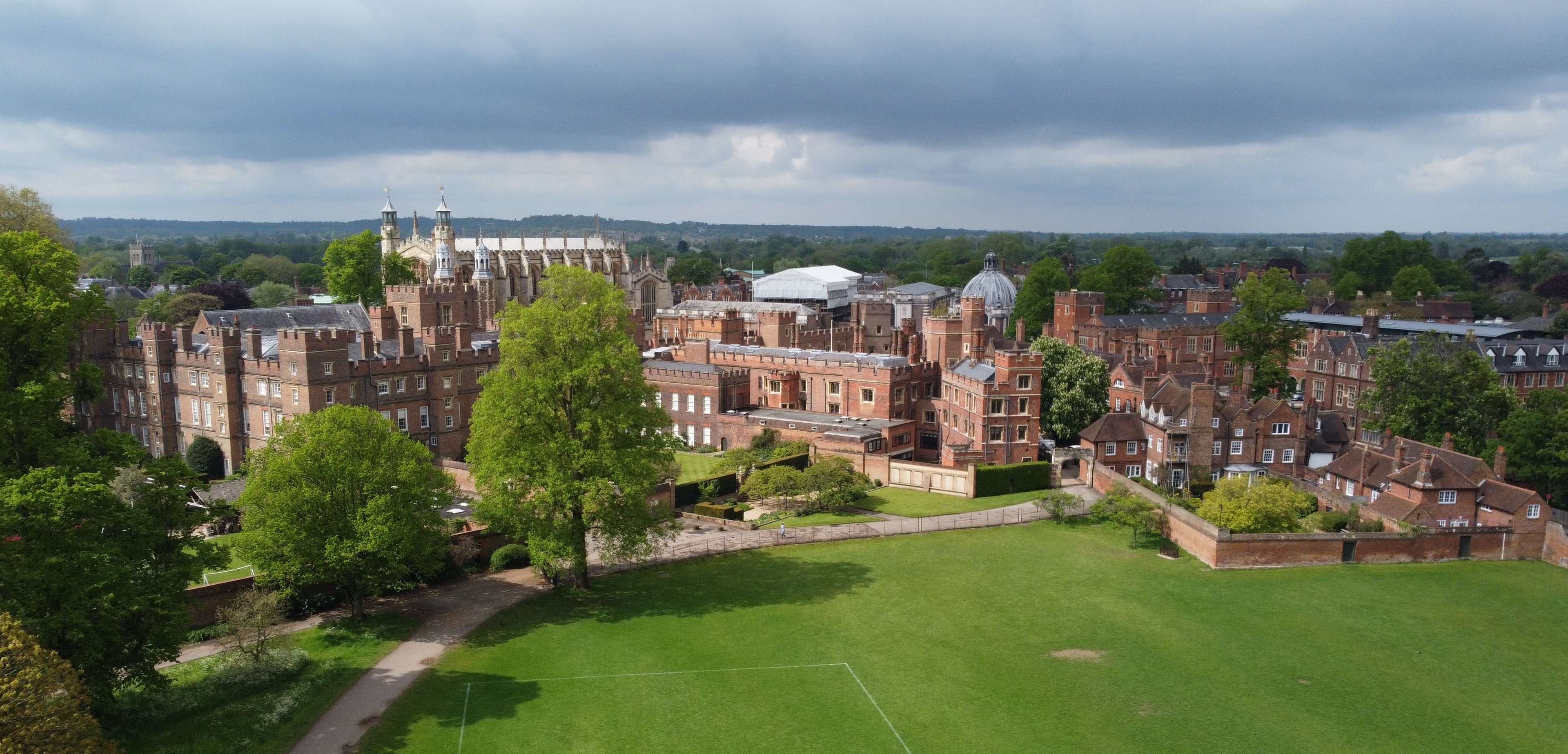 Aerial view of Eton College, showing red-brick college buildings