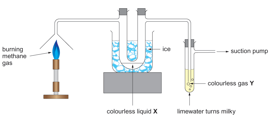 Apparatus diagram showing burning methane gas from a Bunsen burner, with the fumes drawn through a U-shaped tube standing in an ice bath (labelled "ice"), where a colourless liquid X collects at the bottom of the U-tube, then on through a test tube containing limewater (labelled "limewater turns milky"), producing a colourless gas Y as bubbles, connected to a suction pump that draws the gases through the apparatus