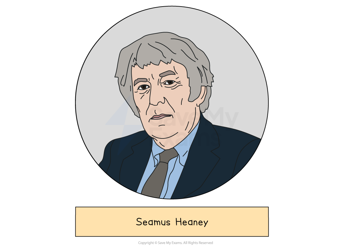 Illustrated head-and-shoulders portrait of Seamus Heaney, whose poems 'Storm on the Island' and 'Follower' are set by AQA, drawn in a grey circle above a label giving the name.