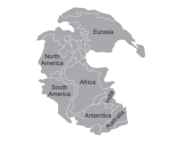 World map showing the continents (Eurasia, North America, South America, Africa, Antarctica, Australia, India) arranged as they are labelled today, illustrating the modern continental positions Wegener's theory sought to explain